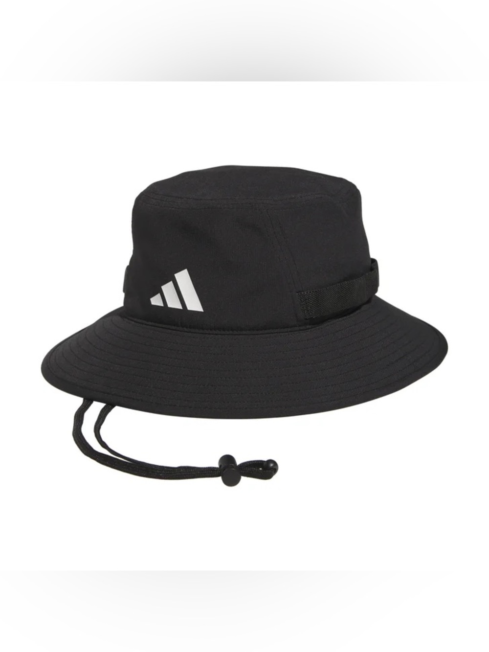 adidas Black Bucket Hat with White Logo and Chin Cord